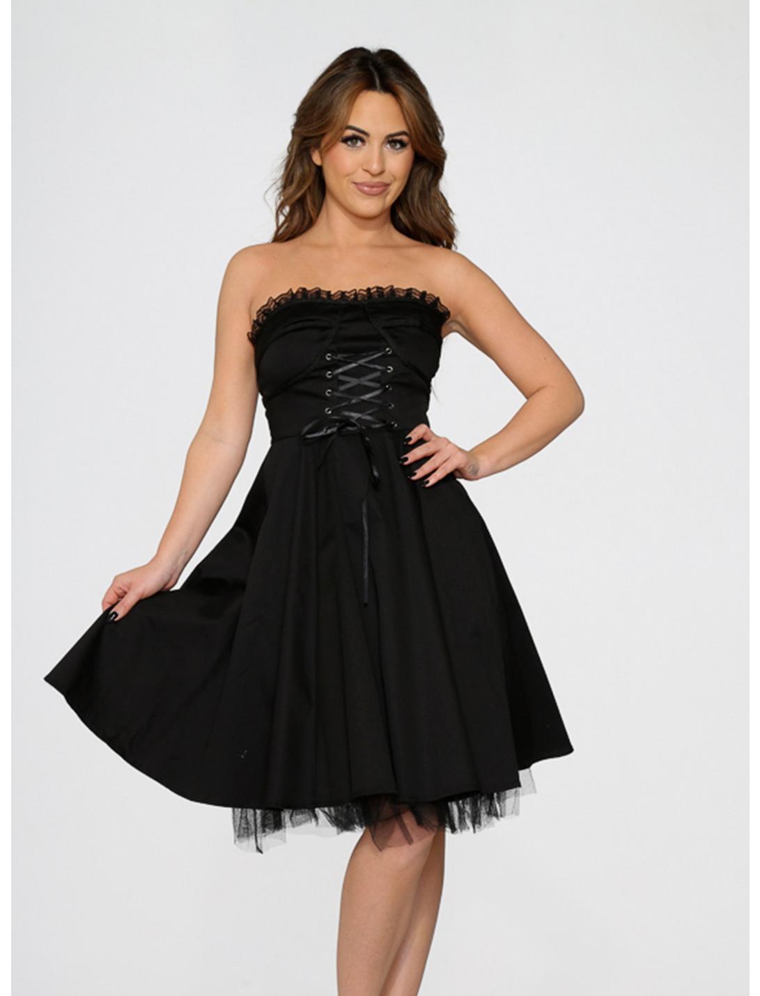 Black Strapless Lace Up Front Dress , BLACK, hi-res
