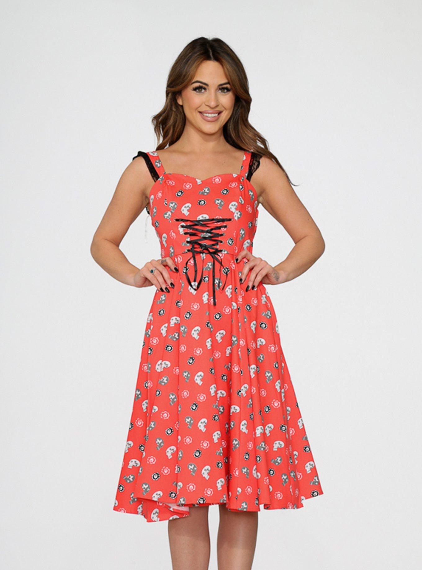 Red Skulls Lace Up Front Dress , , hi-res