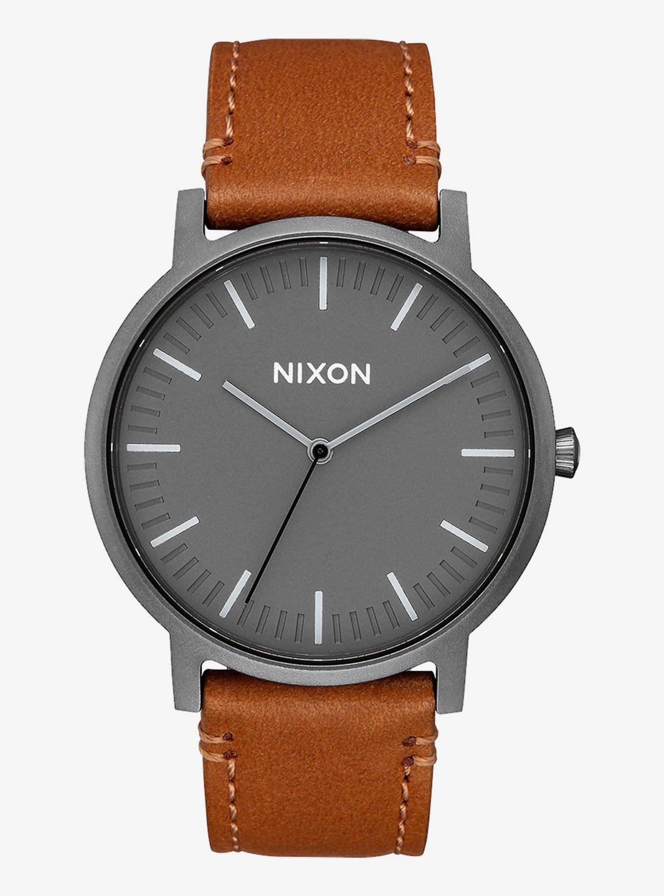 Nixon Porter Leather Gunmetal Charcoal Taupe Watch, , hi-res