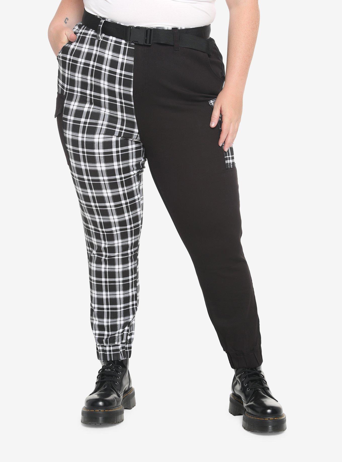 Black & White Plaid Split Cargo Jogger Pants Plus Size, BLACK, hi-res