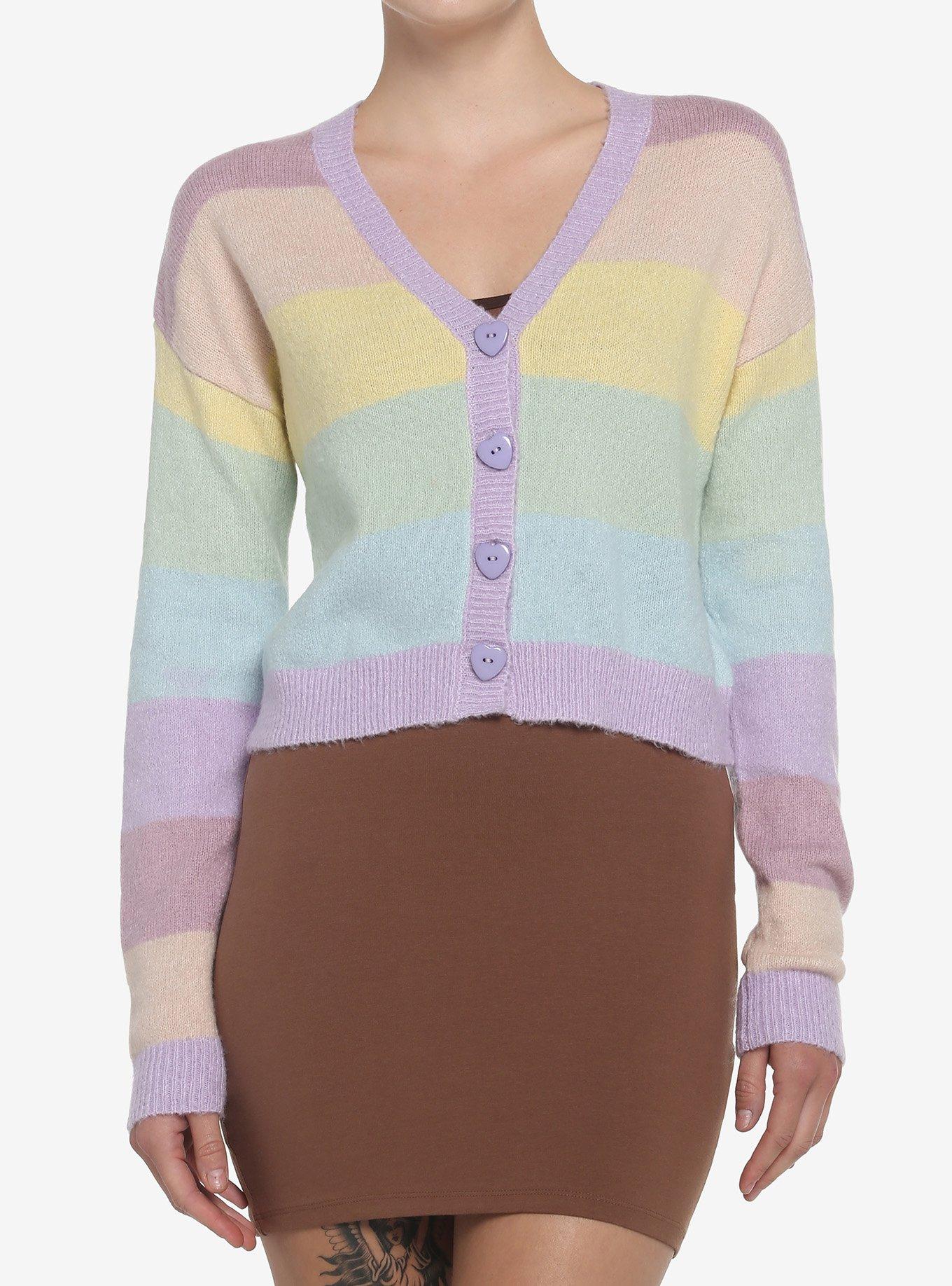 Pastel Rainbow Boyfriend Fit Girls Crop Cardigan, STRIPES-RAINBOW, hi-res