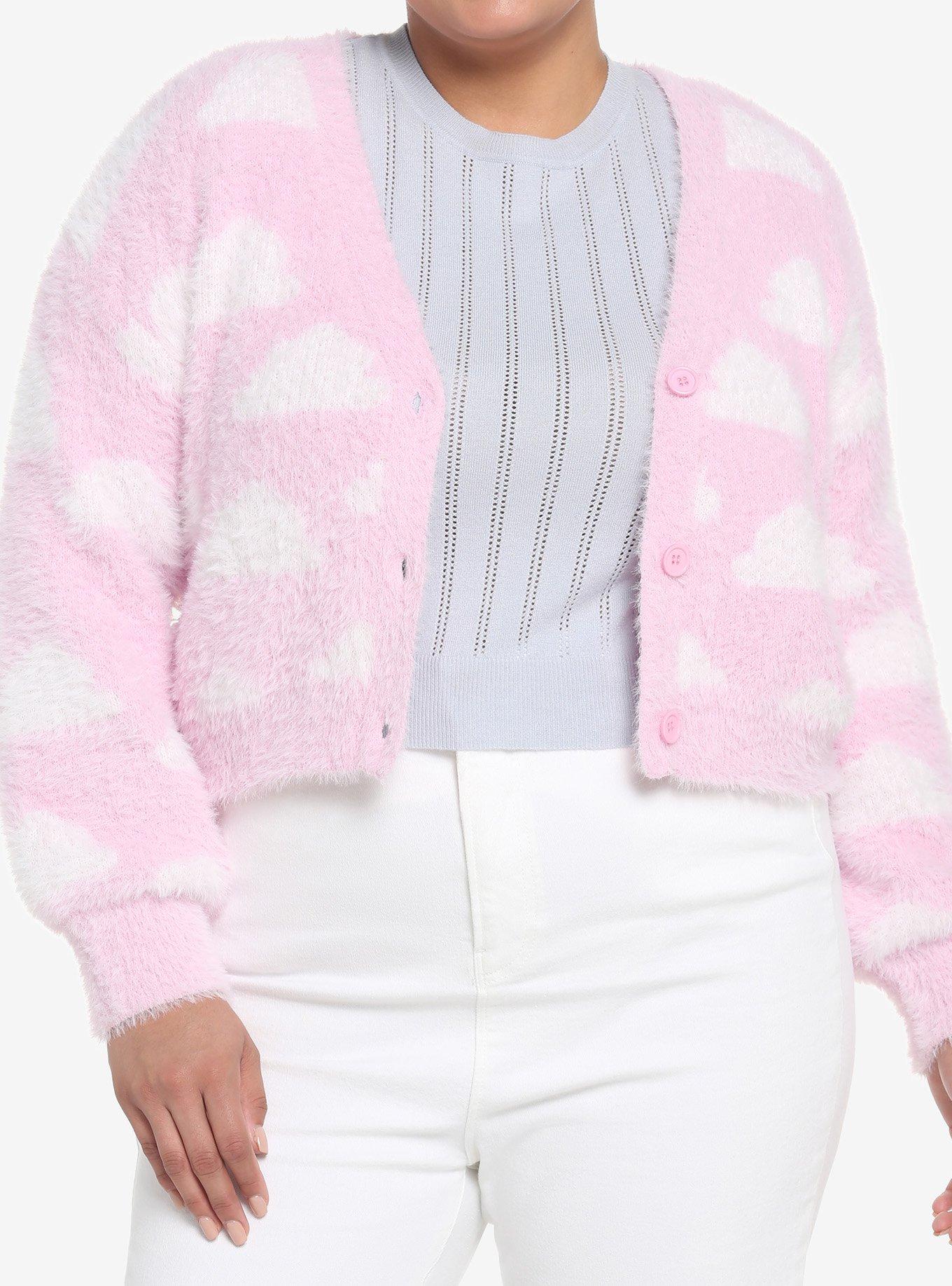 Pink Clouds Crop Girls Cardigan Plus Size, PINK, hi-res