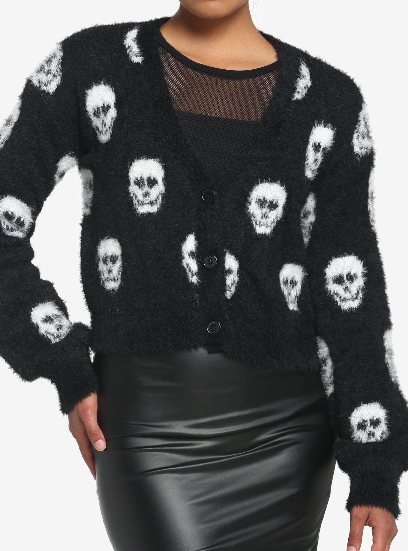 Skulls Crop Fuzzy Girls Cardigan, BLACK, hi-res