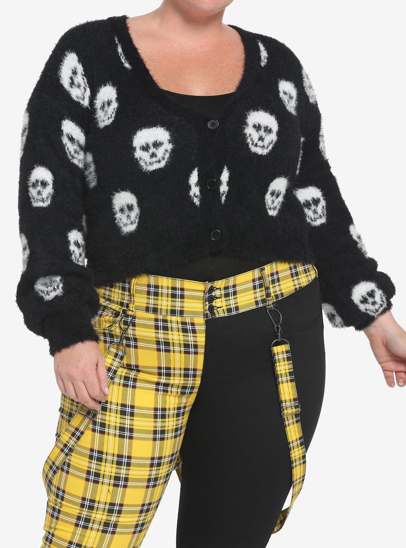 Skulls Crop Fuzzy Cardigan Plus Size, BLACK, hi-res