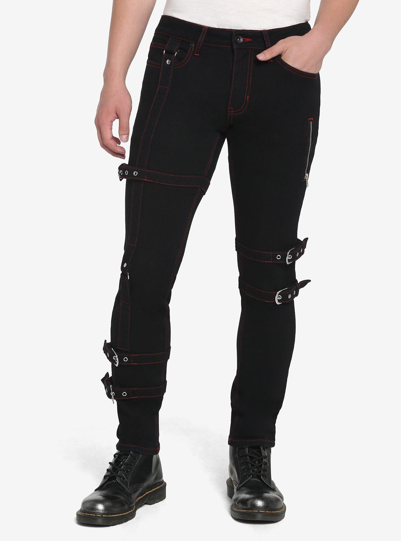 Black & Red Stitch Strap Skinny Jeans | Hot Topic