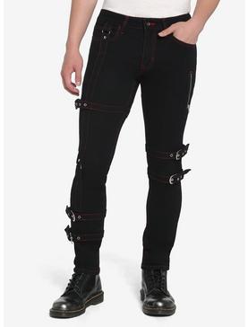Black & Red Stitch Strap Skinny Jeans, , hi-res