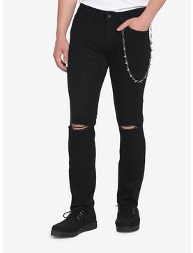 Black Destructed Skinny Jeans With Side Chain, , hi-res