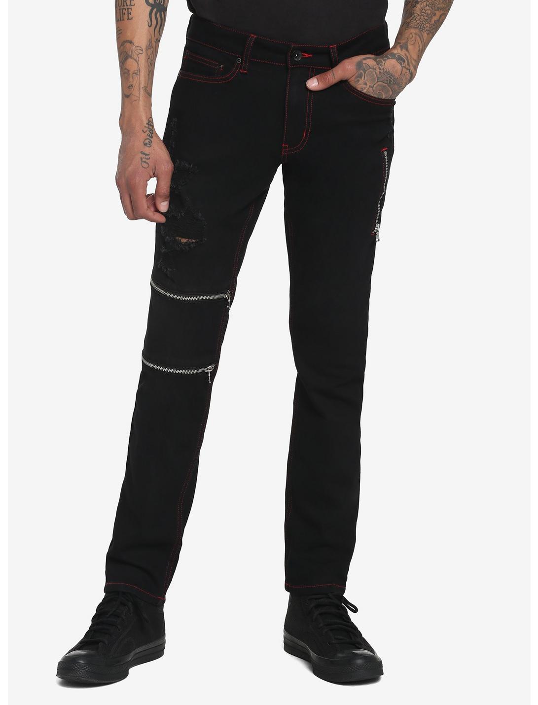 Black Zipper Skinny Jeans, BLACK, hi-res