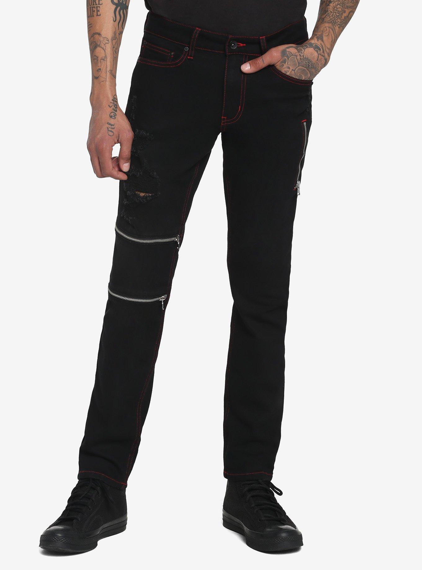 Black Zipper Skinny Jeans, BLACK, hi-res