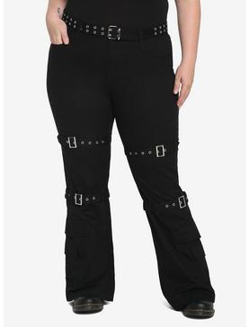 Black Grommet Belt Straight Leg Pants Plus Size, , hi-res