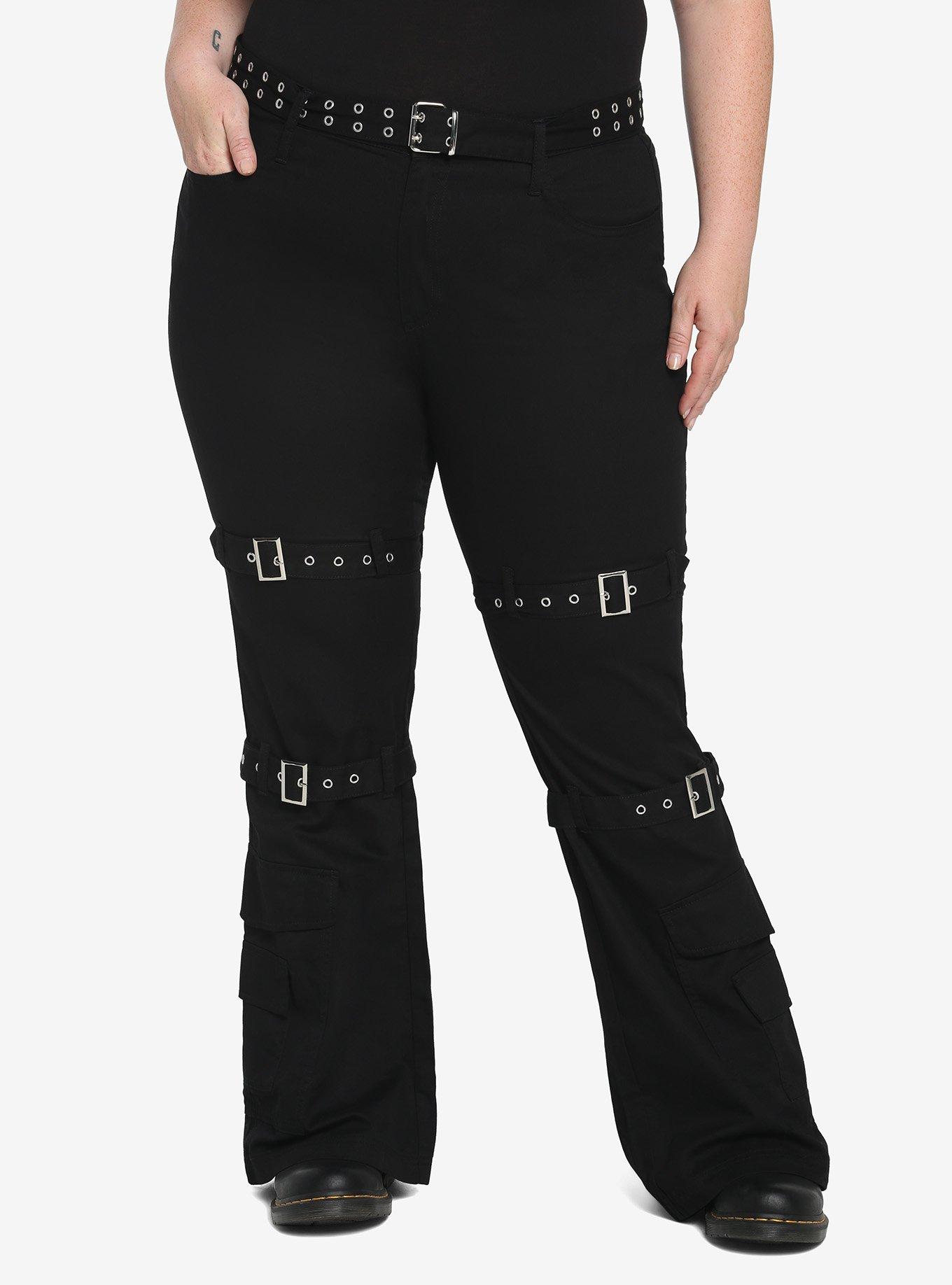 Black Grommet Belt Straight Leg Pants Plus Size, BLACK, hi-res