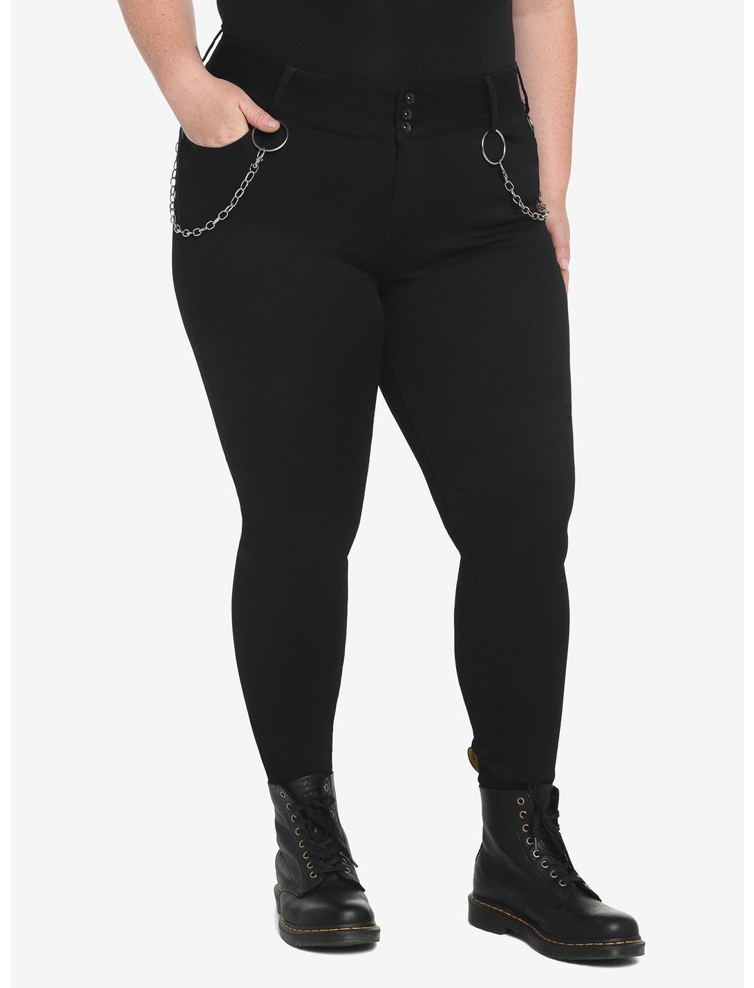 HT Denim Black O-Ring Chain Girls Hi-Rise Super Skinny Jeans Plus Size, BLACK, hi-res