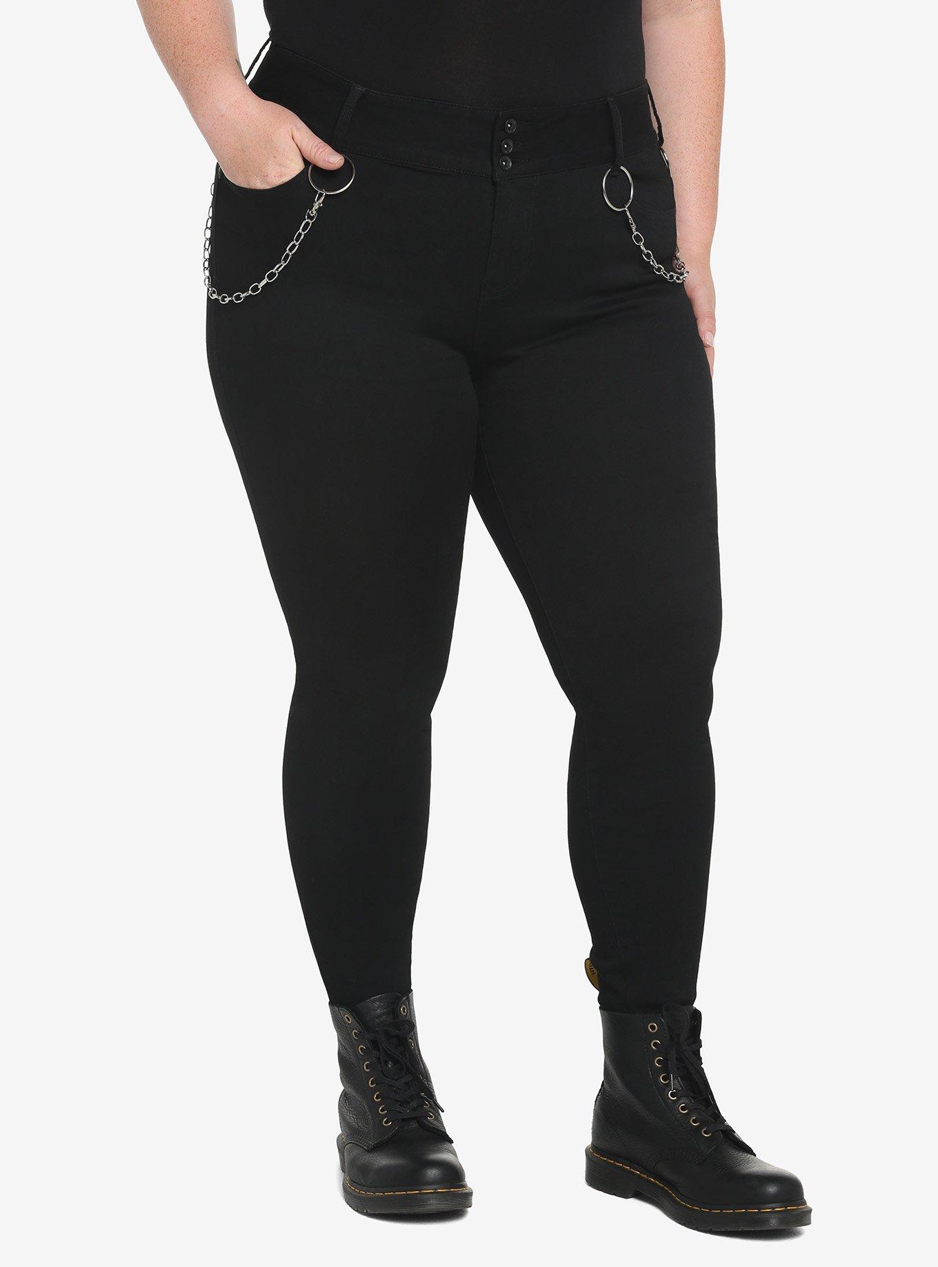 HT Denim Black O-Ring Chain Girls Hi-Rise Super Skinny Jeans Plus Size, BLACK, hi-res