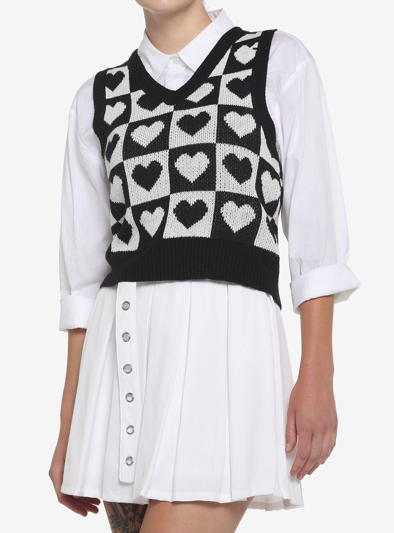 Black & White Checkered Heart Girls Crop Sweater Vest, BLACK, hi-res