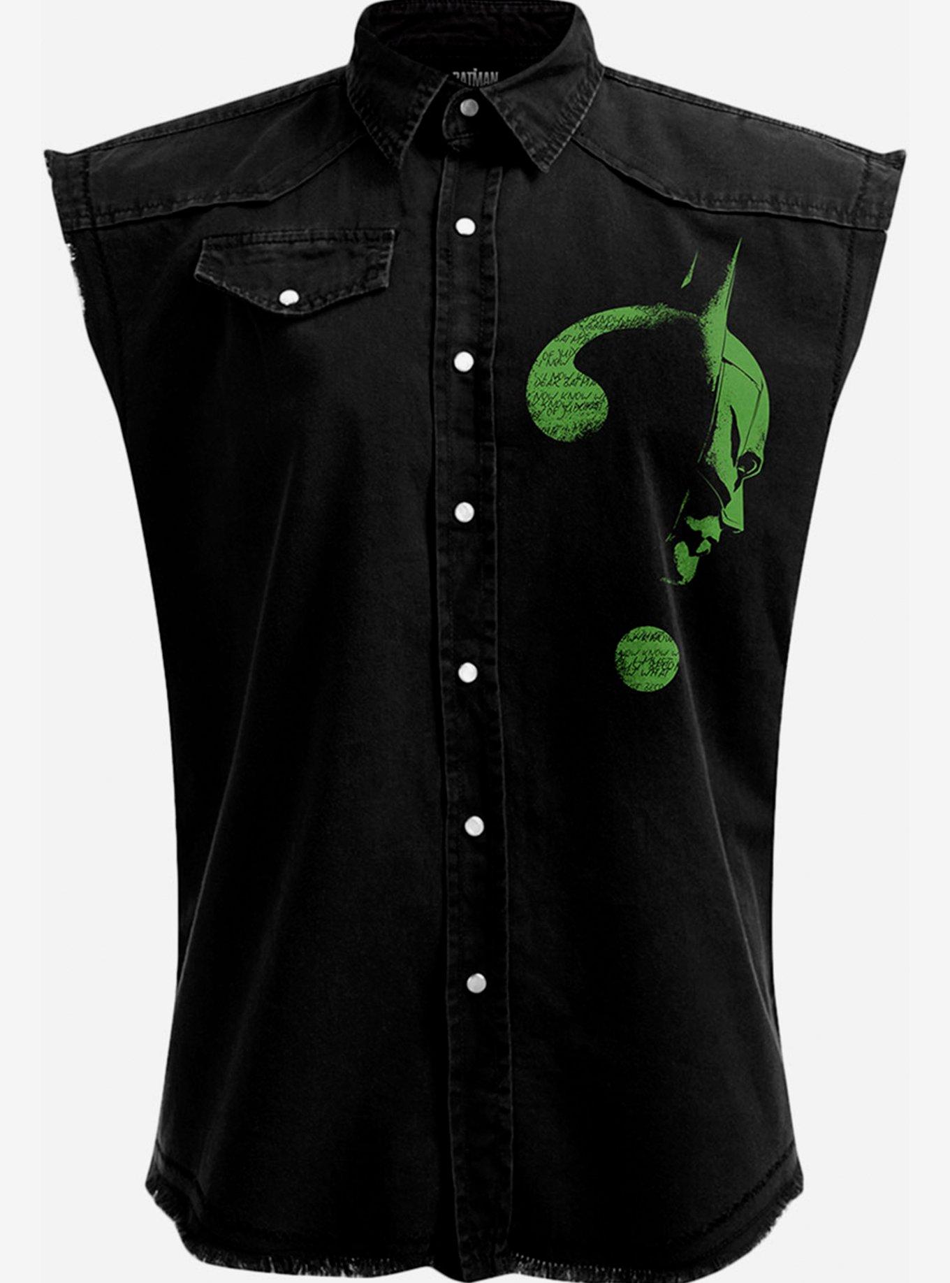 DC Comics The Batman Riddler Glow In The Dark Sleeveless Woven Button-Up, BLACK, hi-res