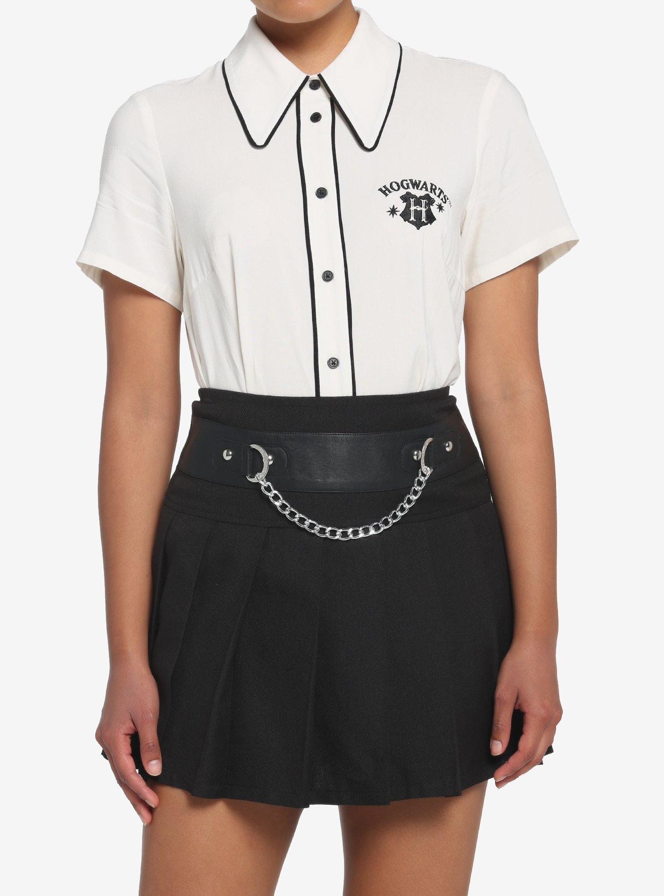 Harry Potter Hogwarts Crest Boxy Woven Button-Up, OFF WHITE, hi-res
