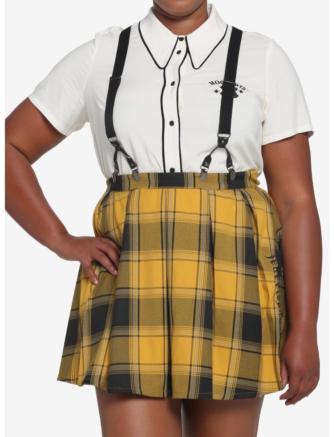 Harry Potter Hufflepuff Pleated Suspender Skirt Plus Size, PLAID - YELLOW, hi-res