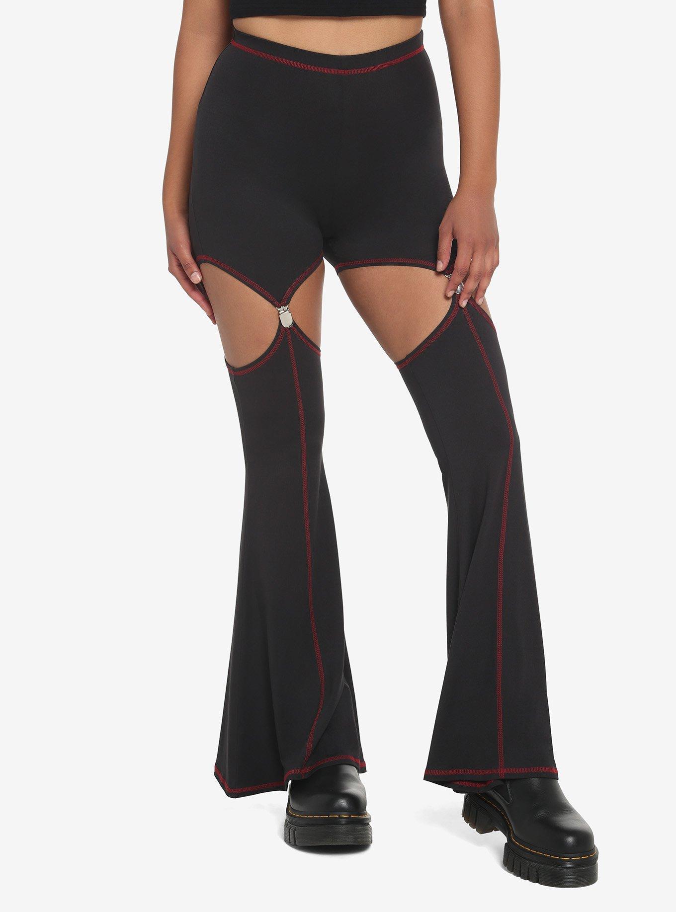 Black & Red Stitch Flare Garter Leggings, BLACK  RED, hi-res