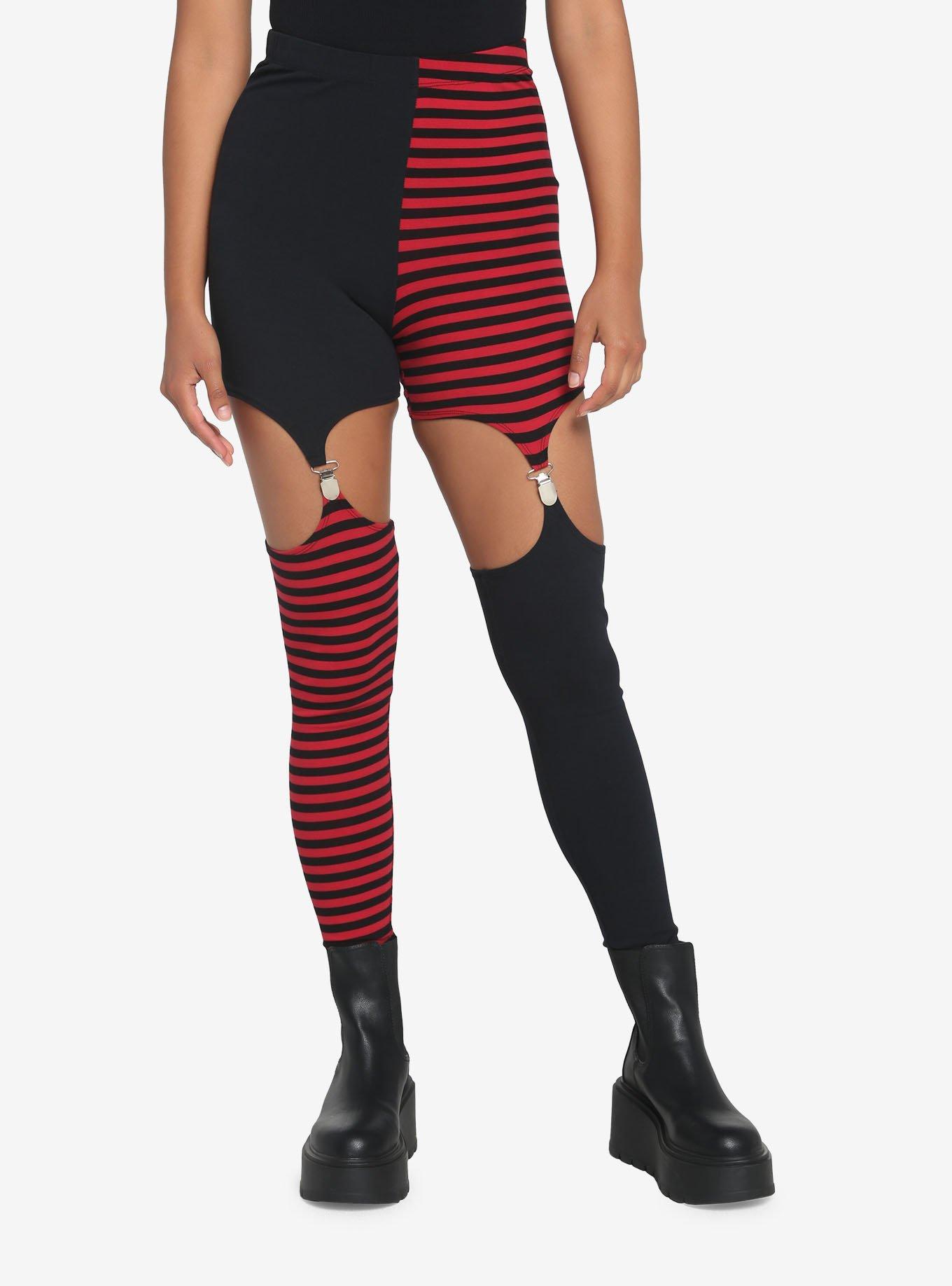 Black & Red Split Garter Leggings, , hi-res