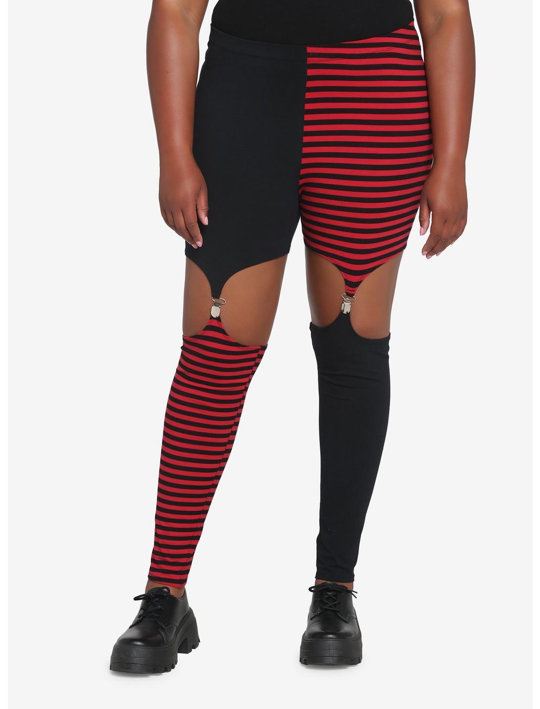 Black & Red Split Garter Leggings Plus Size, BLACK  WHITE, hi-res