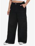 Black Corduroy Wide Leg Cargo Pants Plus Size, BLACK, hi-res