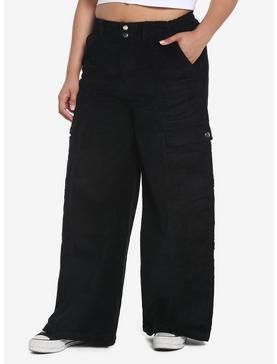 Black Corduroy Wide Leg Cargo Pants Plus Size, , hi-res