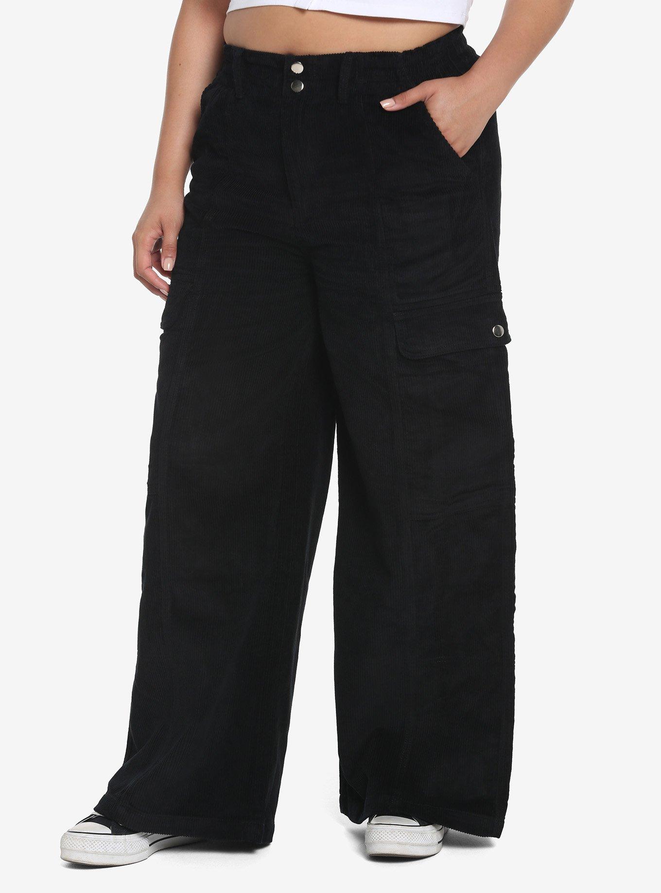 Black Corduroy Wide Leg Cargo Pants Plus Size, BLACK, hi-res