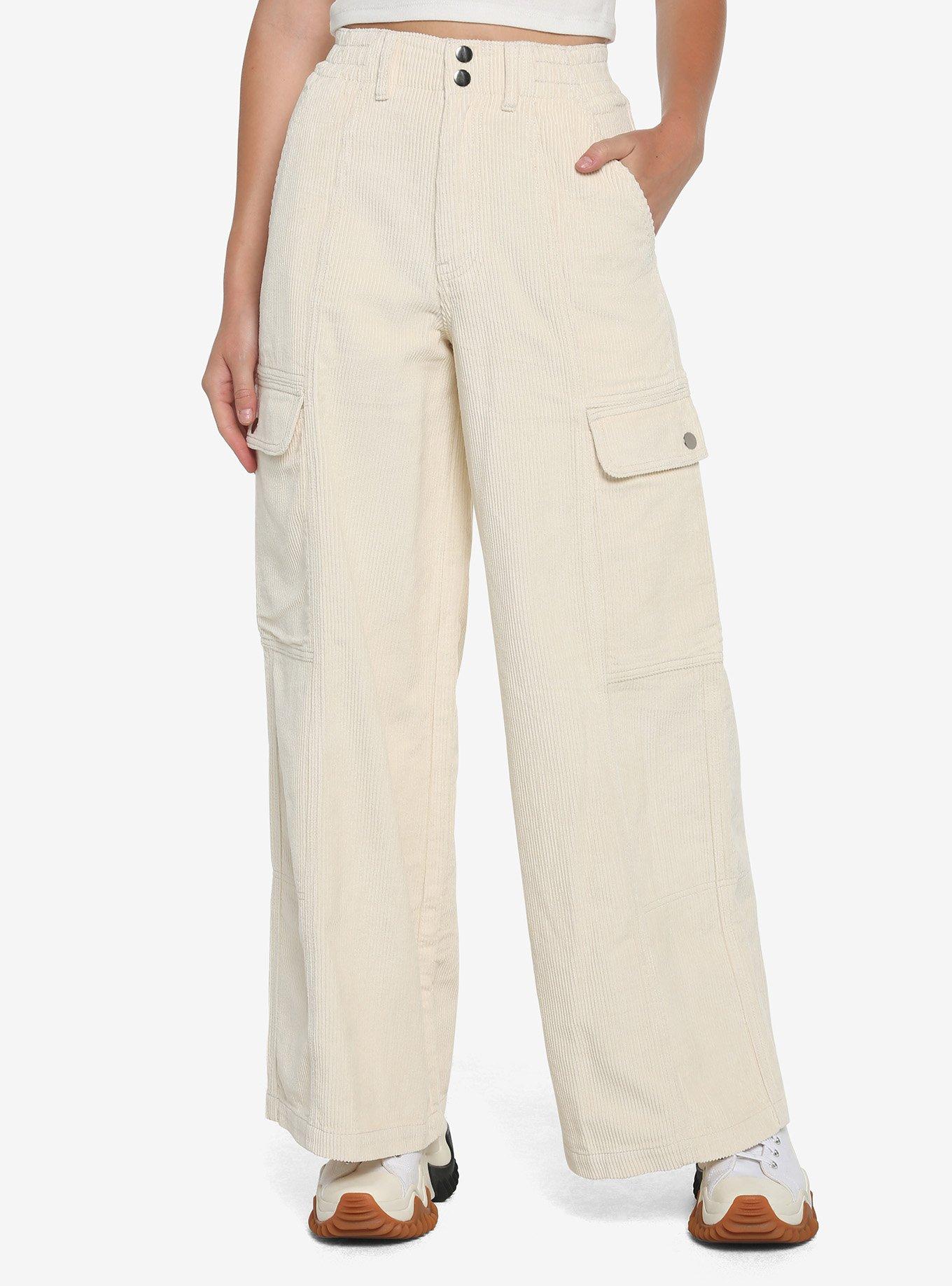 Ivory Corduroy Wide Leg Cargo Pants