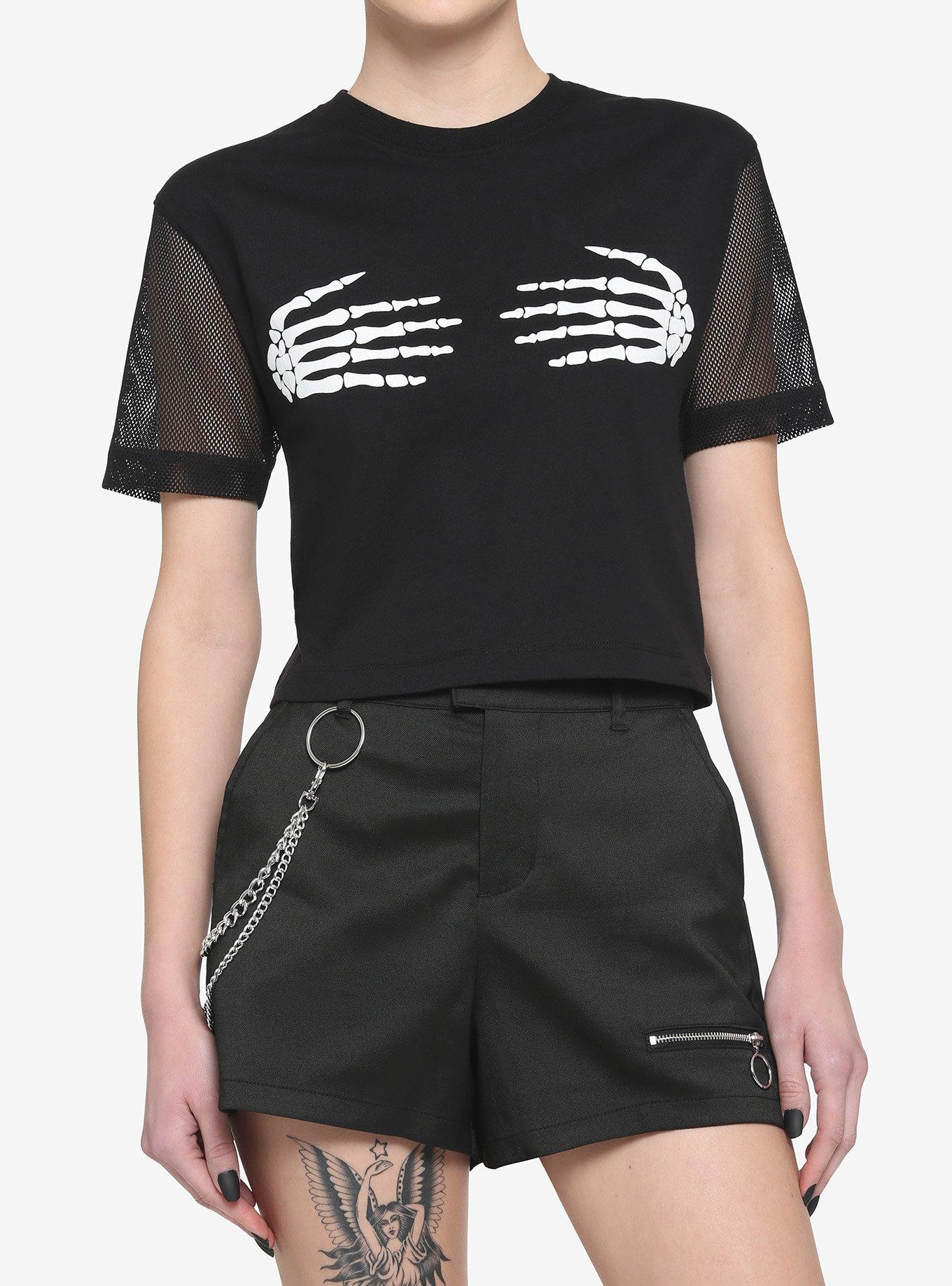 Skeleton Hands Mesh Girls T-Shirt, BLACK, hi-res