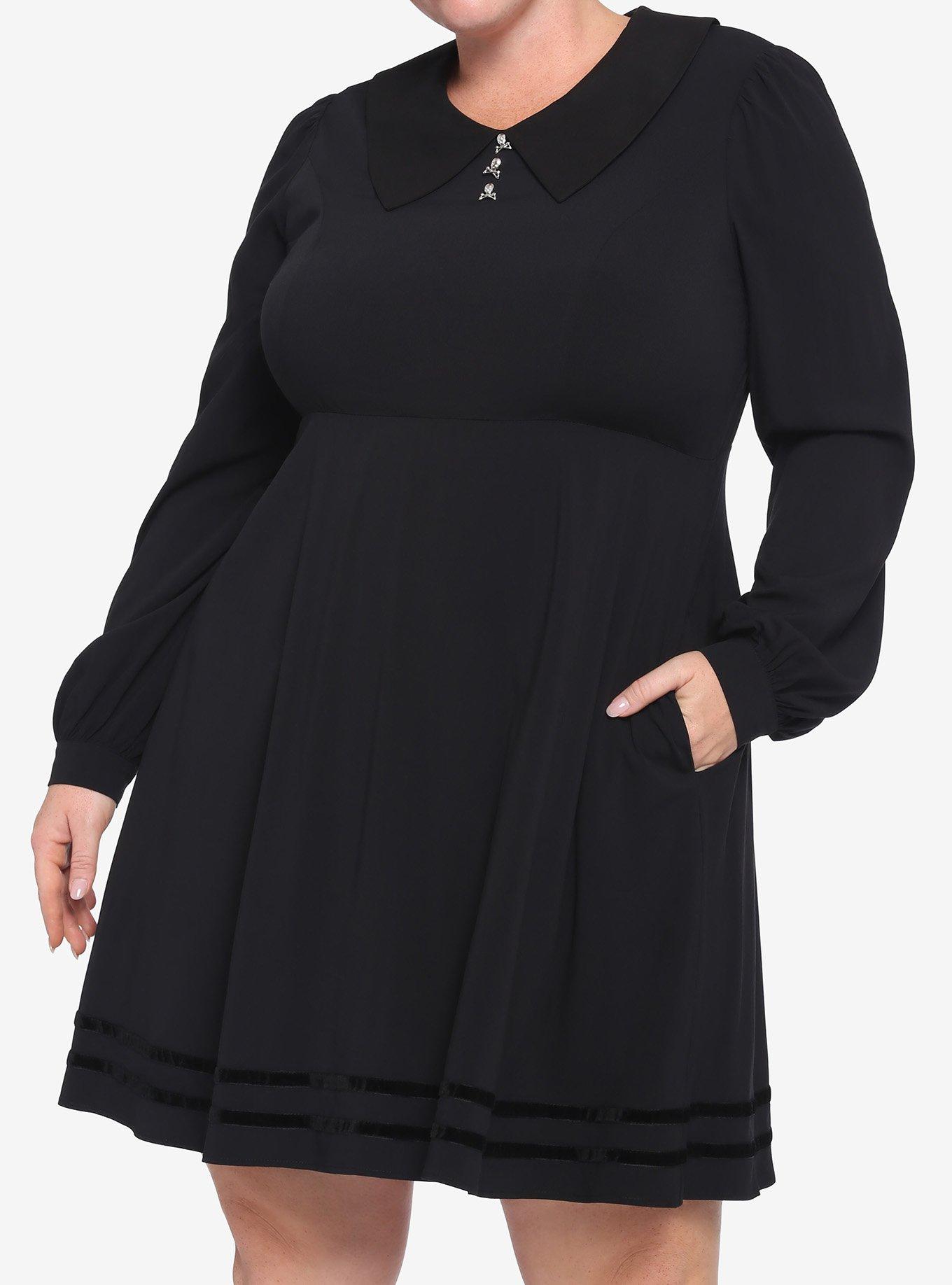 Black Statement Collar Skull Button Dress, BLACK, hi-res