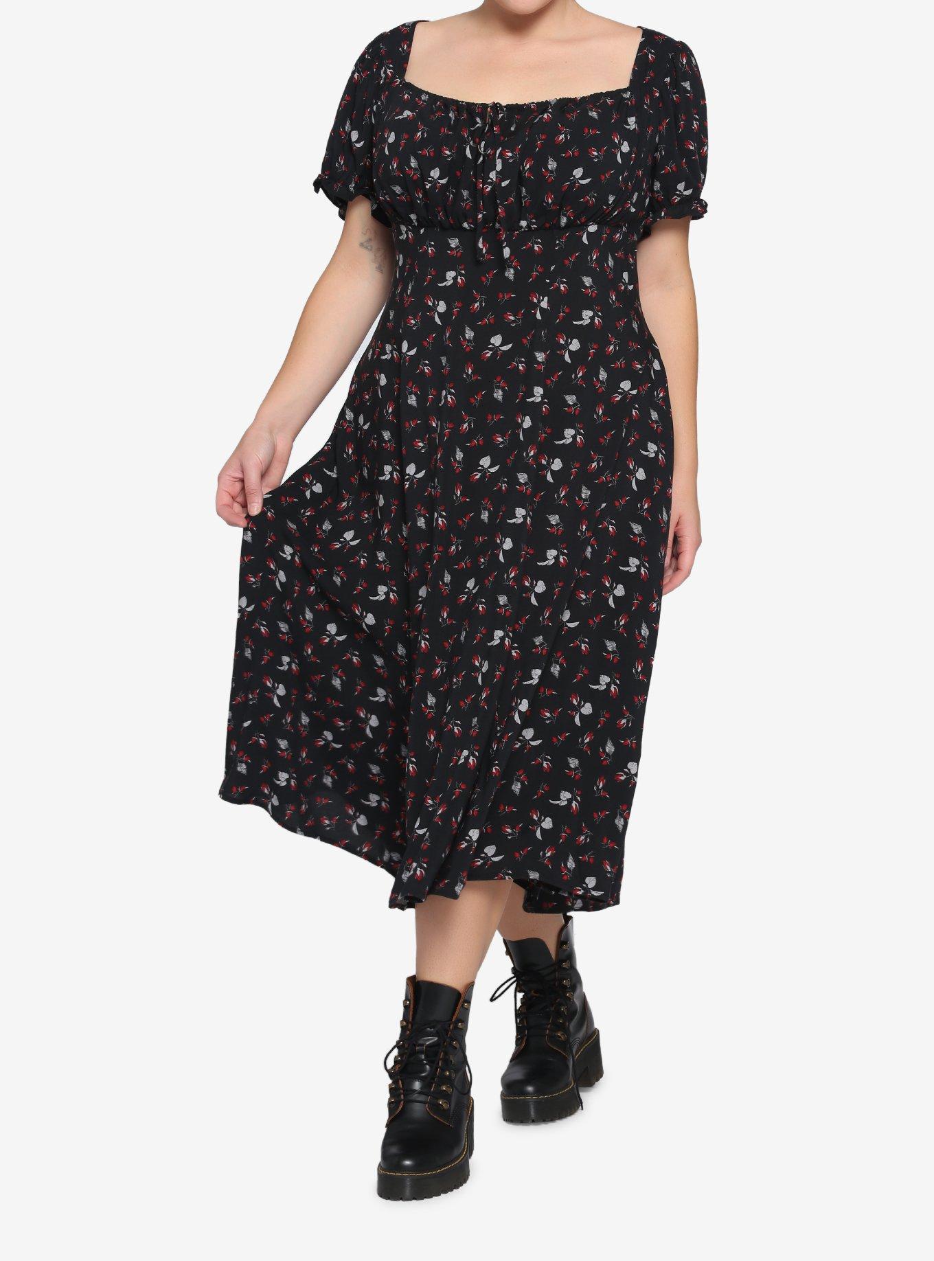 Black & Red Rose Midi Dress Plus Size, BLACK, hi-res