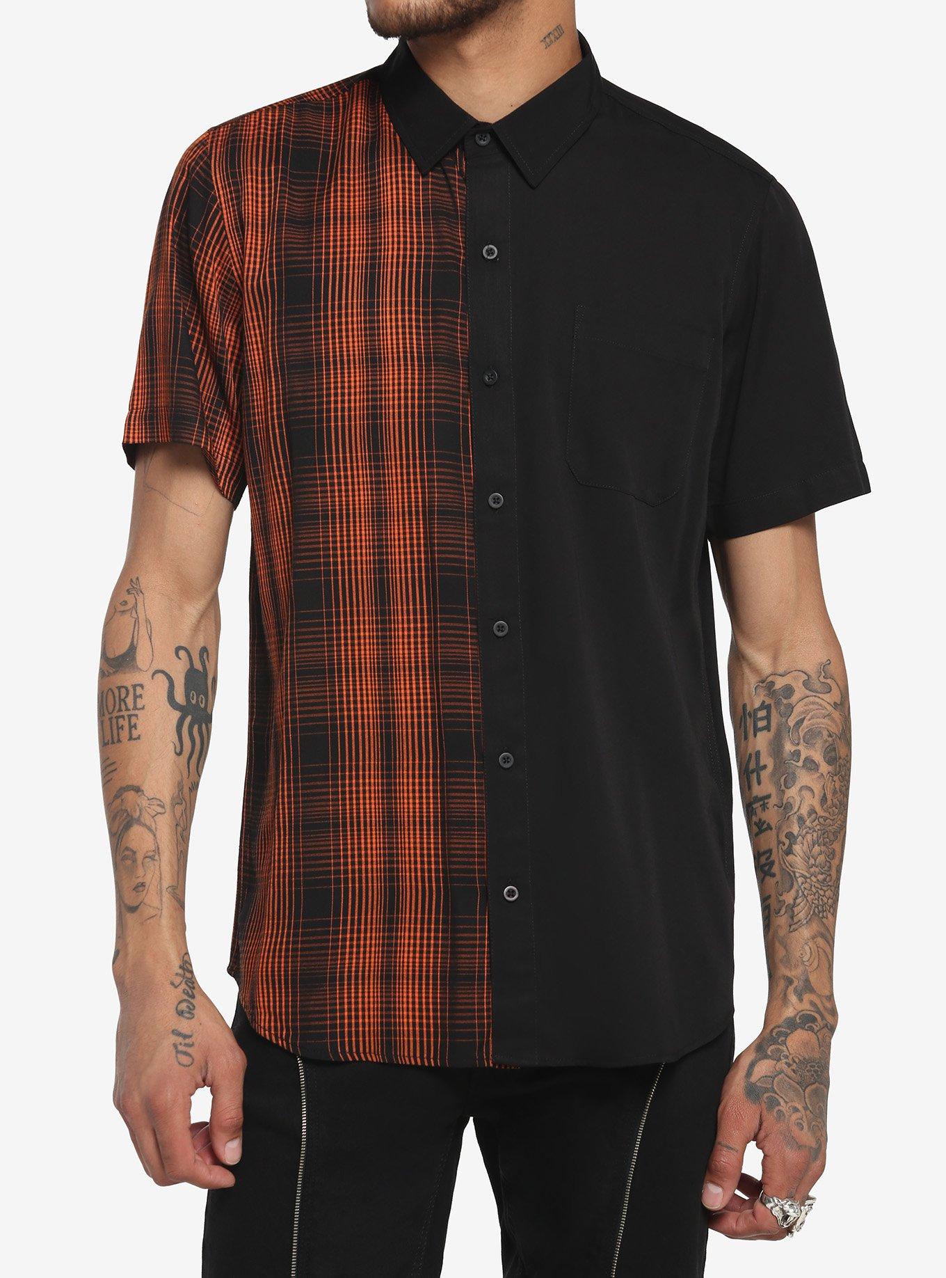 Orange Plaid & Black Split Woven Button-Up, BLACK, hi-res