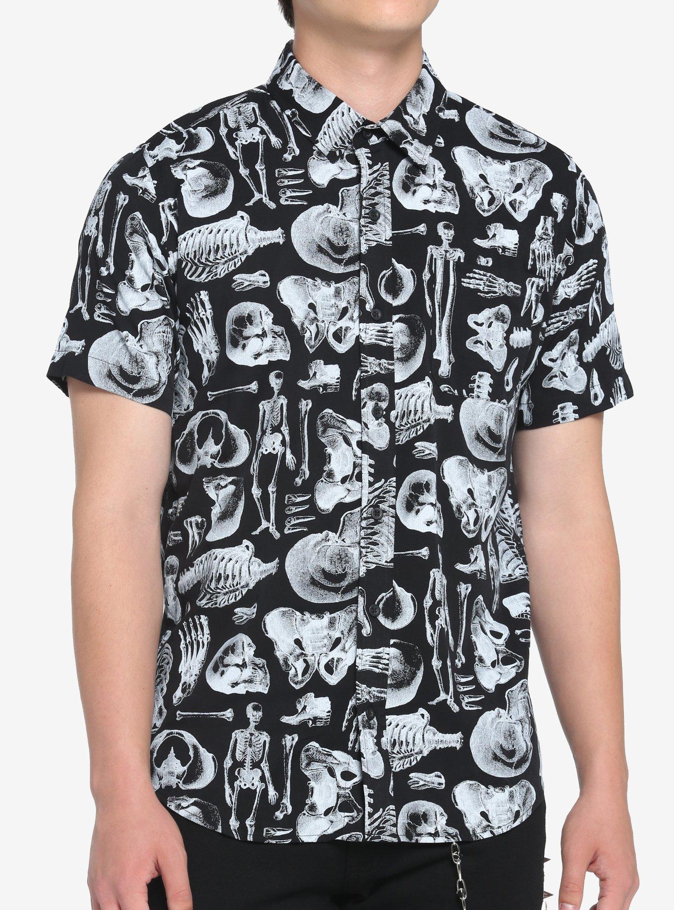 Black & White Skeletal Anatomy Woven Button-Up, BLACK  WHITE, hi-res