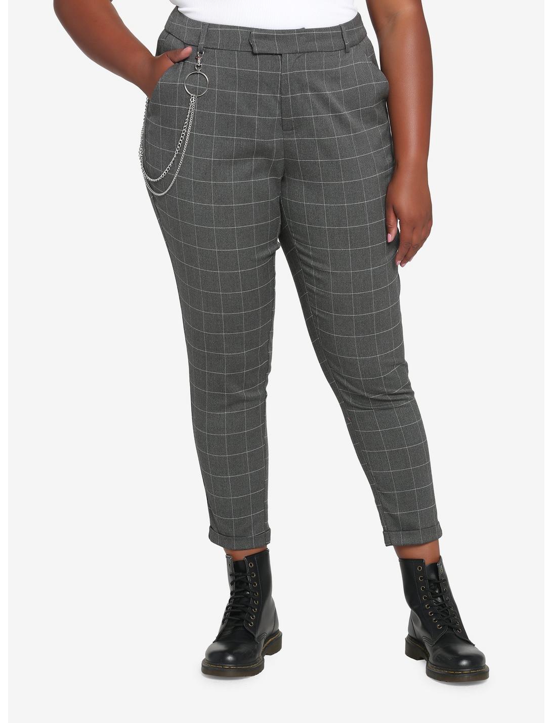 Grey Grid Side Chain Pants Plus Size, GREY, hi-res