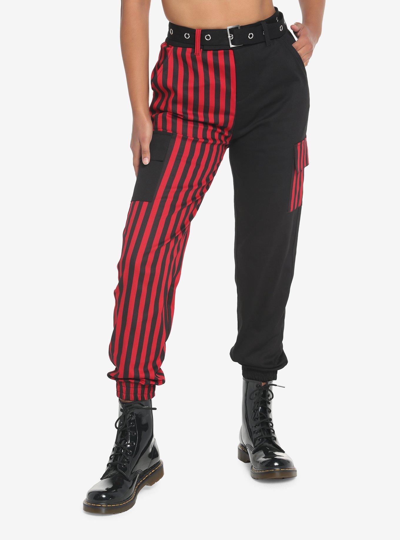 Black & Red Stripe Split Cargo Joggers With Belt, BLACK  RED, hi-res