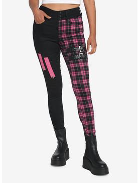 Black & Pink Plaid Split Super Skinny Jeans, , hi-res