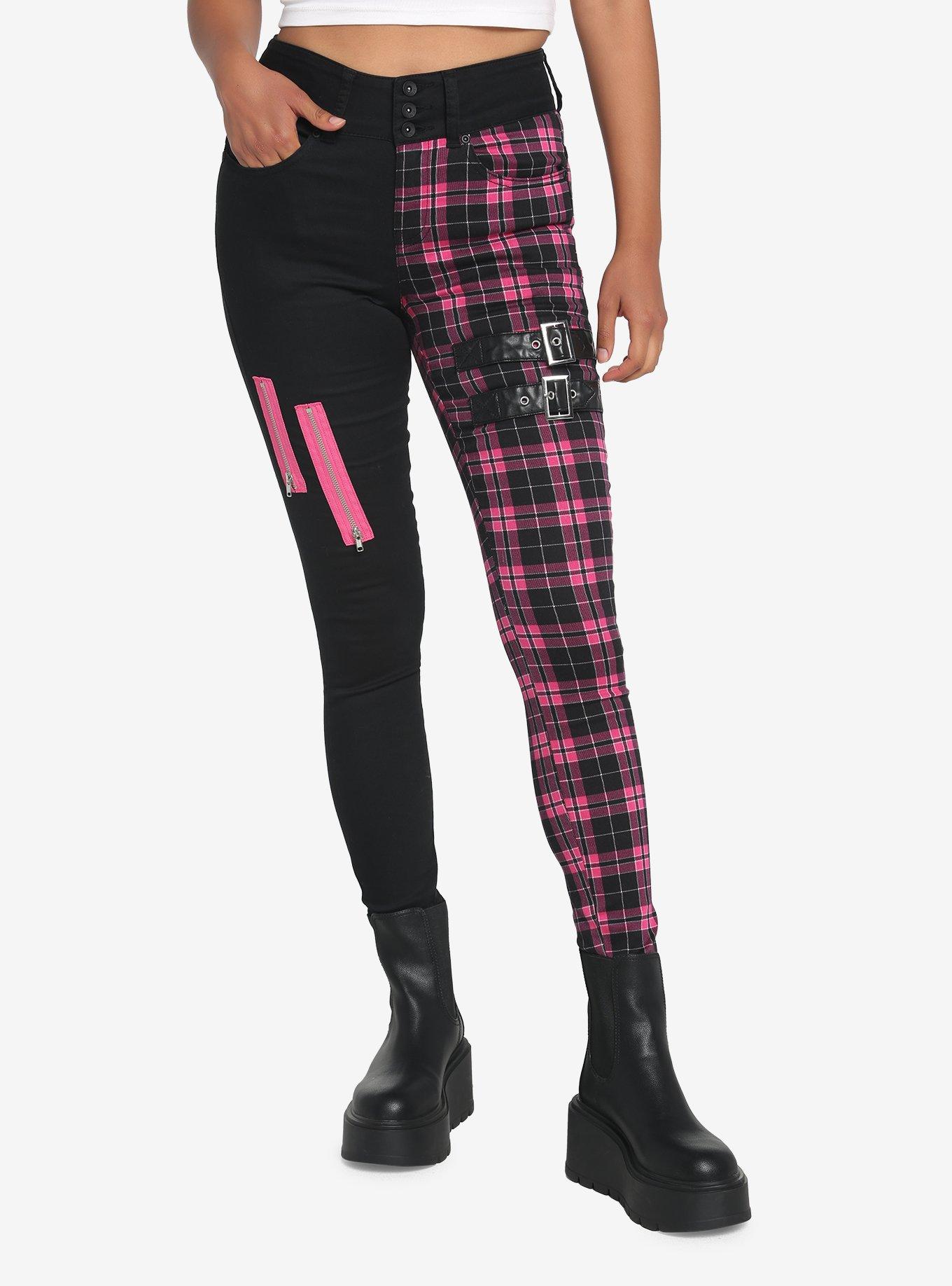 Hot Topic [NEW] Black & Rainbow Split Plaid Stinger Jeans With