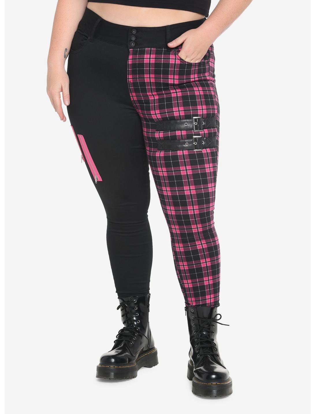 Black & Pink Plaid Split Super Skinny Jeans Plus Size, PINK, hi-res