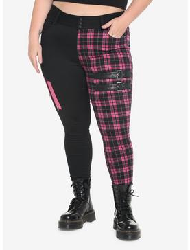 Black & Pink Plaid Split Super Skinny Jeans Plus Size, , hi-res