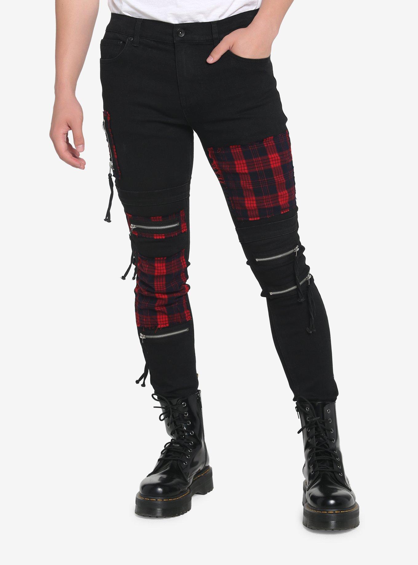 Black & Red Plaid Patch Stinger Jeans | Hot Topic