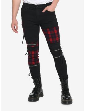 Black & Red Plaid Patch Stinger Jeans, , hi-res