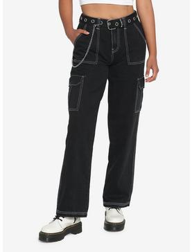 Black Cargo Side Chain Carpenter Pants With Belt, , hi-res