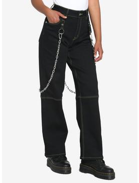 Black & Green Contrast Stitch Carpenter Pants With Detachable Chain, , hi-res