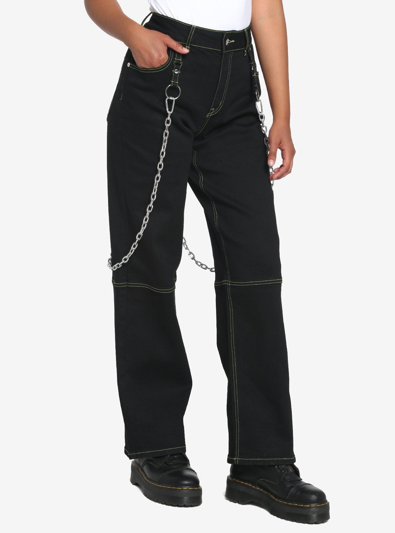Black & Green Contrast Stitch Carpenter Pants With Detachable Chain