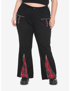 Black & Red Plaid Razor Zipper Flare Jeans Plus Size, , hi-res