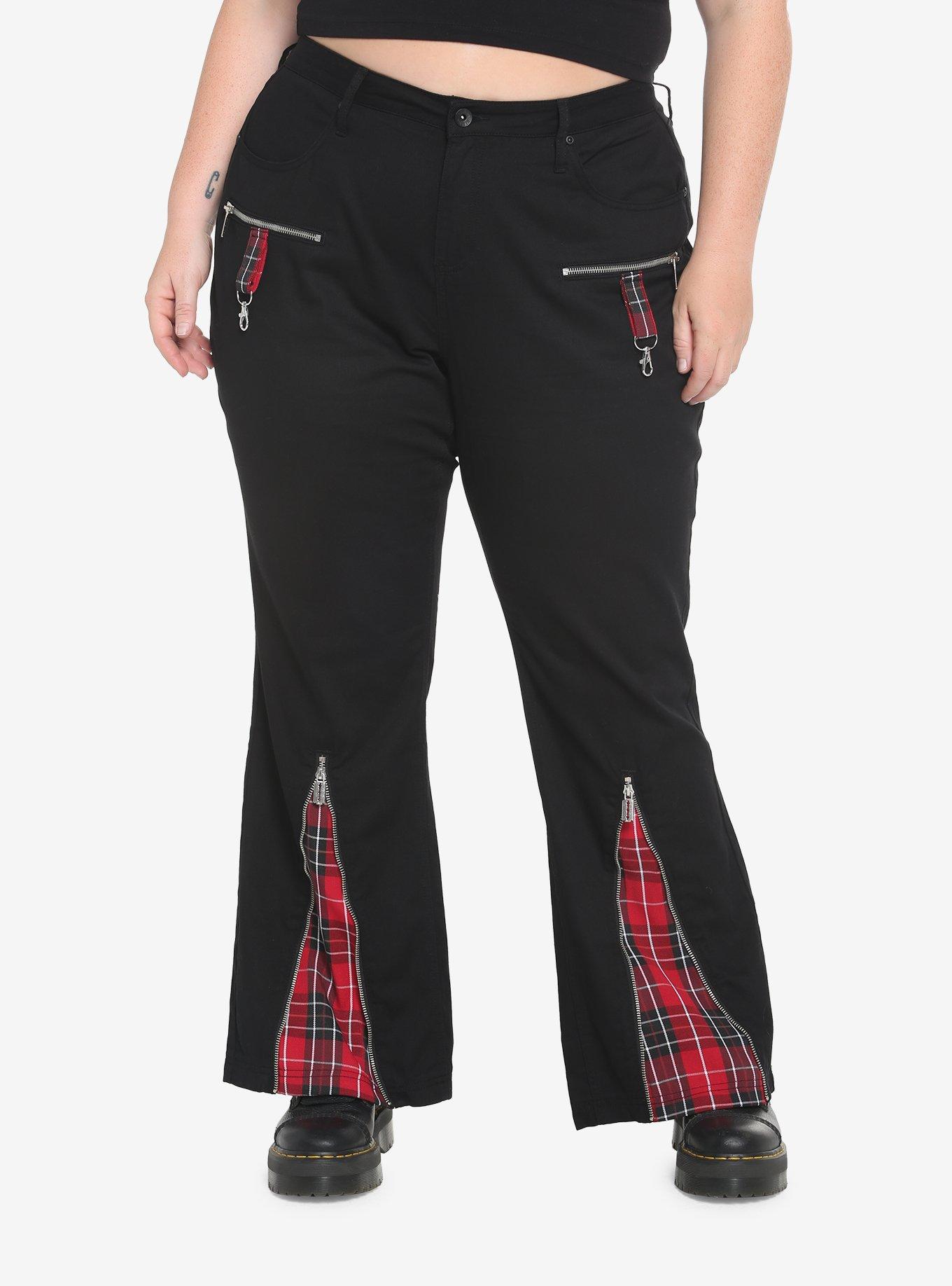 Black & Red Plaid Razor Zipper Flare Jeans Plus Size, , hi-res