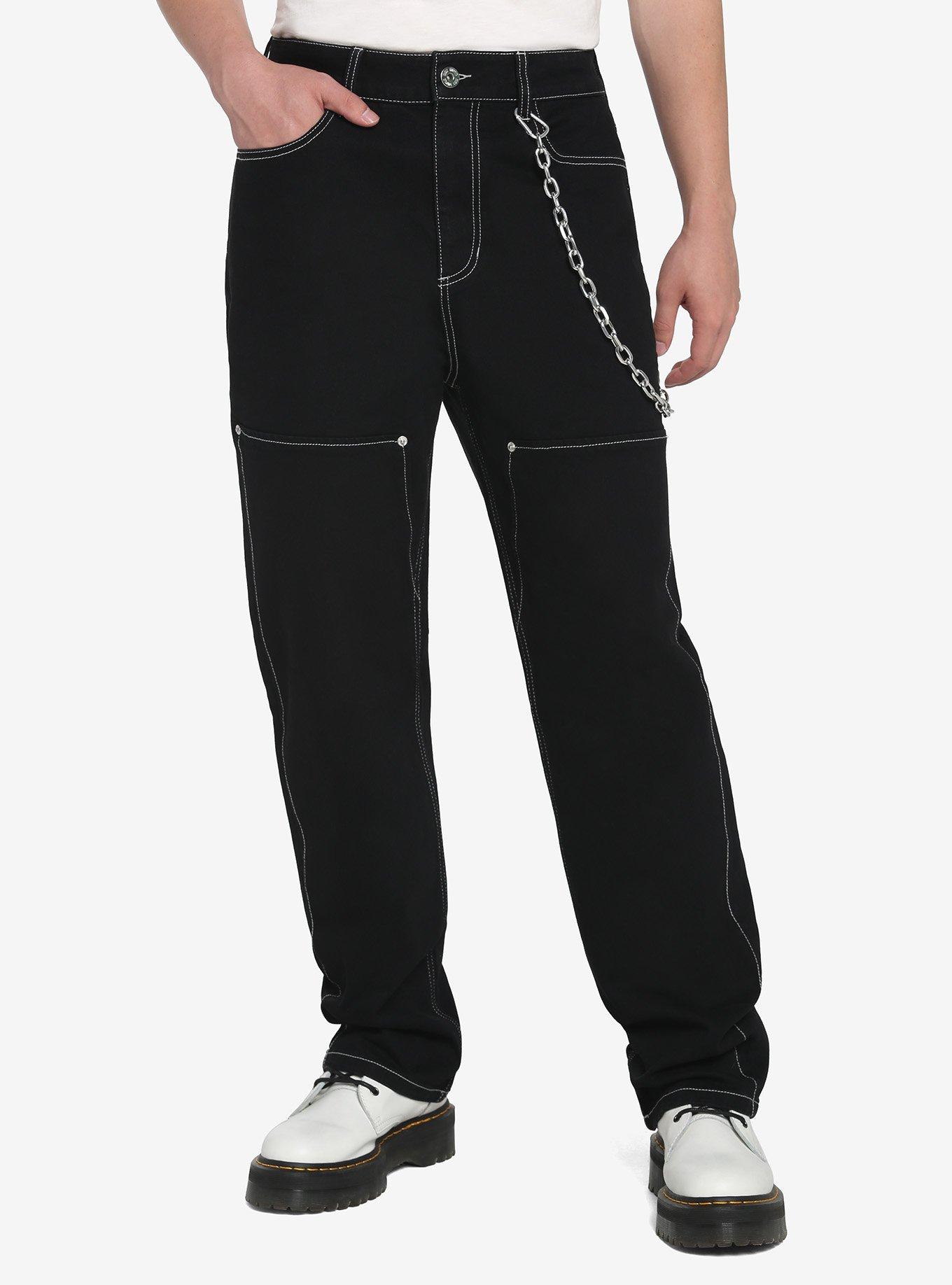 Black & White Contrast Stitch Side Chain Carpenter Pants, BLACK  WHITE, hi-res