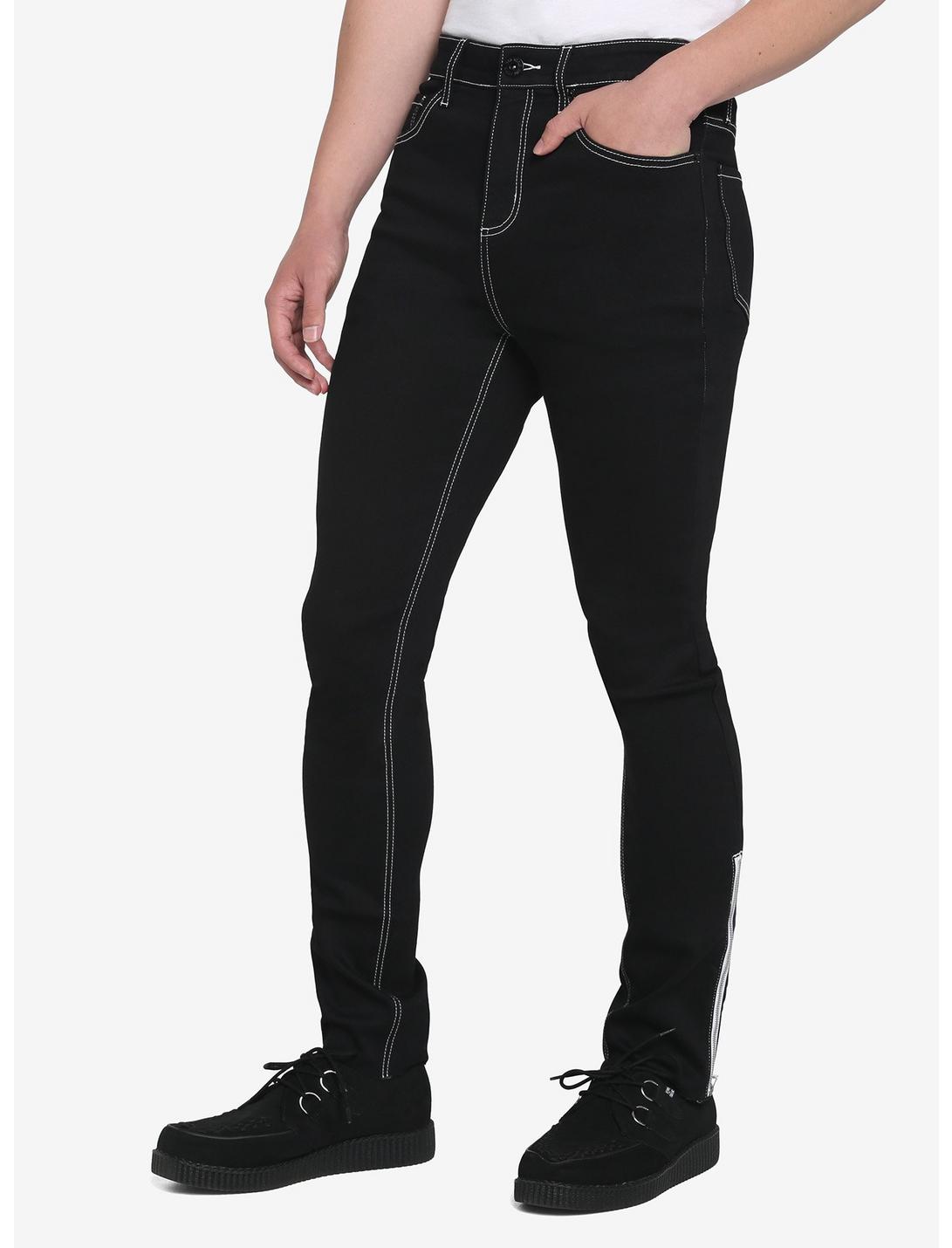 Black Ankle Zipper Skinny Jeans, BLACK  WHITE, hi-res