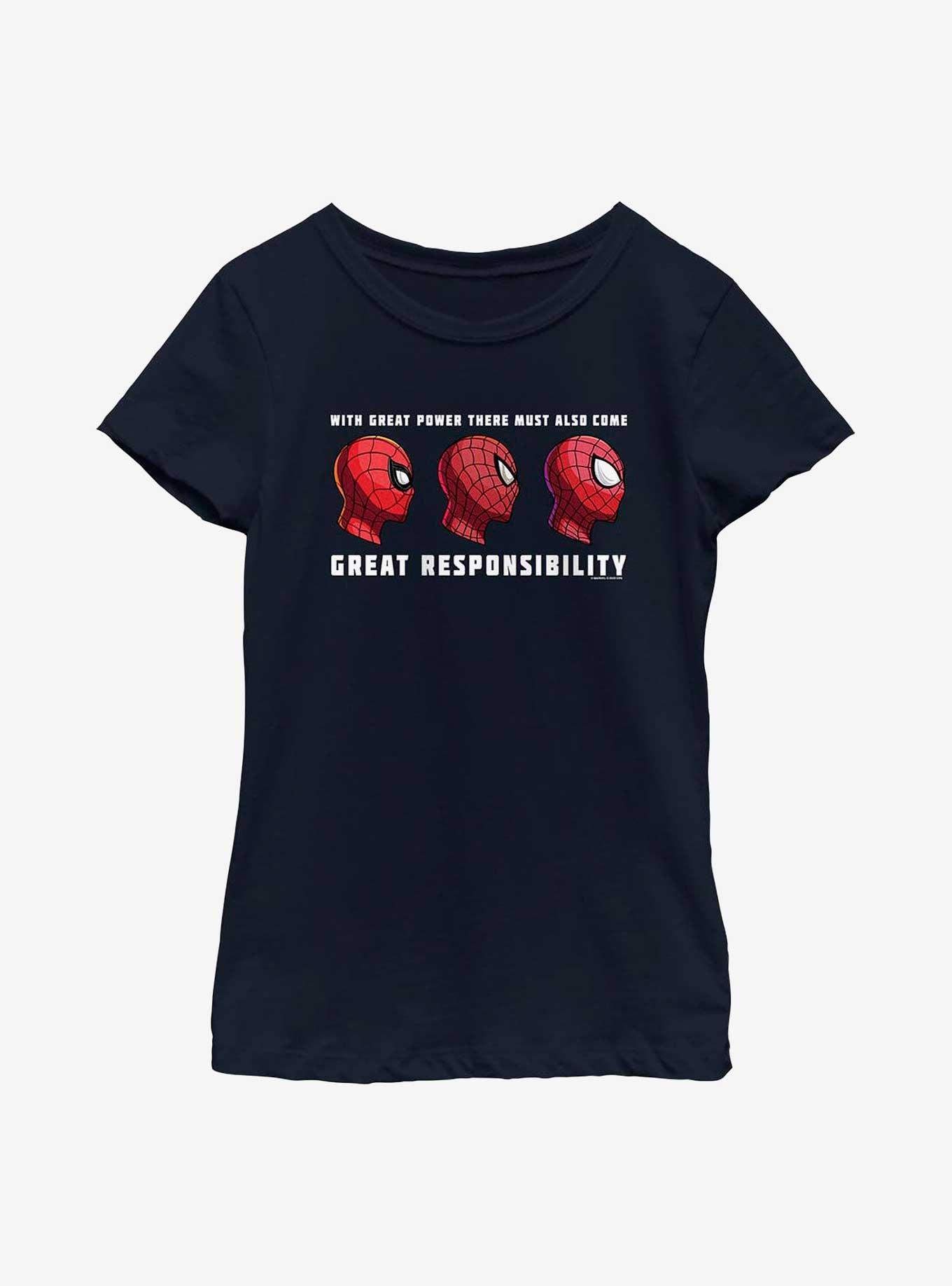 Marvel Spider-Man Spidey Head Great Responsibility Youth Girls T-Shirt, NAVY, hi-res