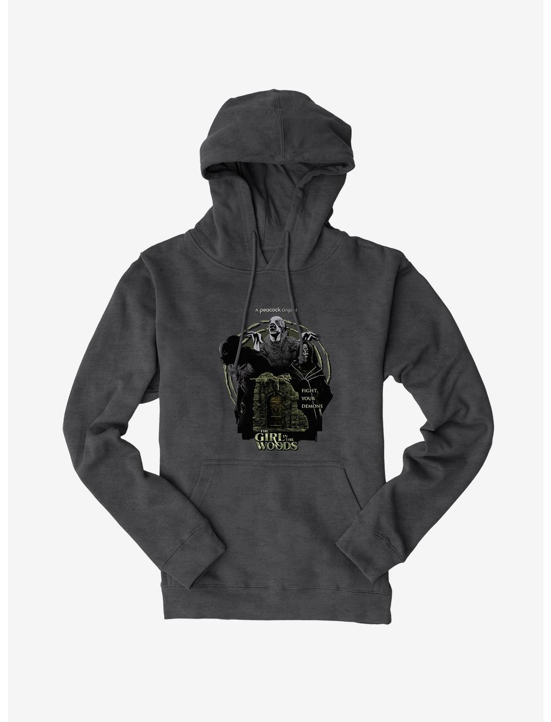 Peacock TV Girl In The Woods Fight Your Demons Hoodie, CHARCOAL HEATHER, hi-res